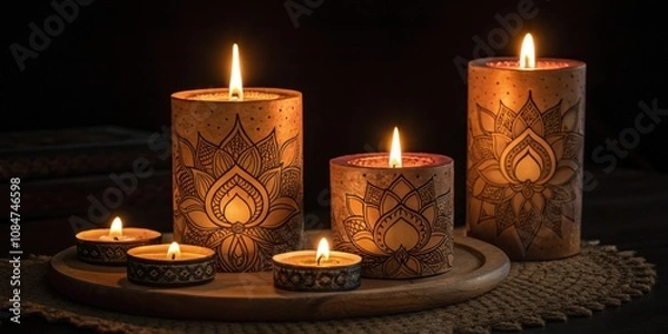 Obraz Symbolic Flames A beautiful illustration of several sshaped candles with flickering flames dancing atop each displaying intricate designs.