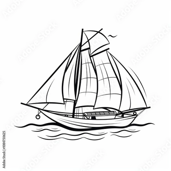 Fototapeta Simple line drawing of a sailboat with sails full of wind, sailing on water.