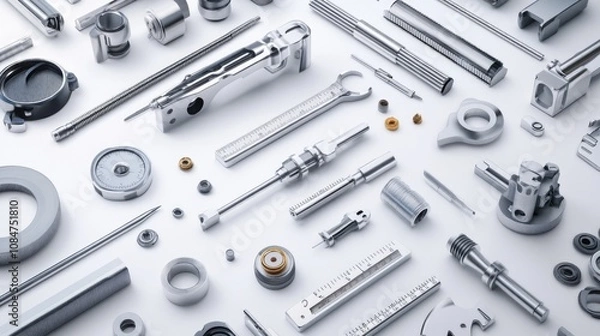 Fototapeta High-Quality Collection of Metallic Parts and Components for Engineering and Manufacturing Applications on a Clean Surface