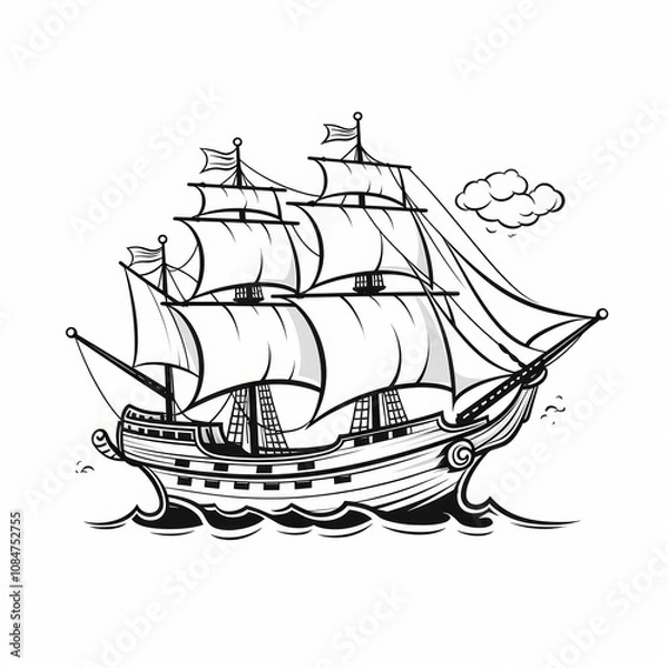 Fototapeta A black and white illustration of a sailing ship with full sails, a cloud, and birds in the sky.