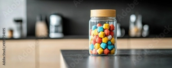 Fototapeta A colorful jar filled with vibrant, small candies sits on a kitchen counter, showcasing a bright and cheerful aesthetic.