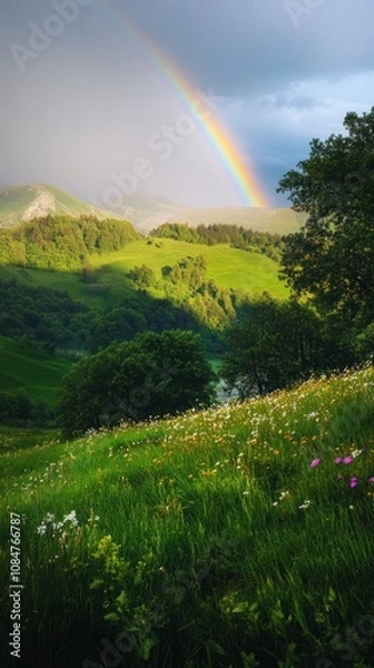 Fototapeta Bright rainbow touching green hills and blooming meadow in summer