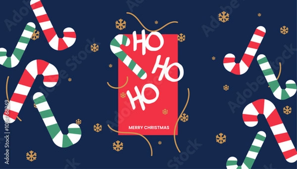Fototapeta Merry Christmas greeting card, holiday background. Modern beautiful Xmas design with typography, web banner, brush strokes and snowflakes. Minimal art, poster, cover, template in green red blue colors