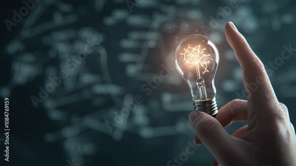 Obraz A hand reaching out to touch a glowing lightbulb, with a background of mathematical formulas and scientific diagrams, representing the pursuit of scientific knowledge and the power of education.