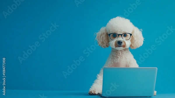 Fototapeta A toy poodle with glasses sitting in front of a laptop on a blue background, working as an IT worker, following the rule of thirds.