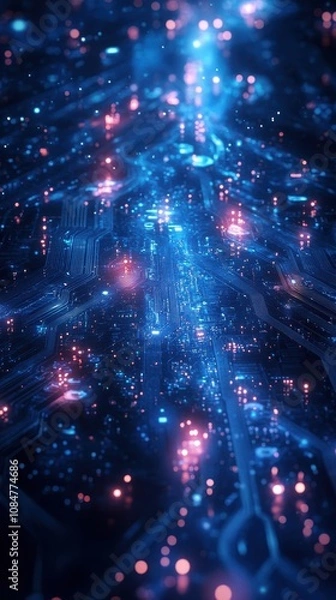 Obraz Abstract blue circuit board background with glowing lights, representing technology, innovation, connection, data, and digital world.