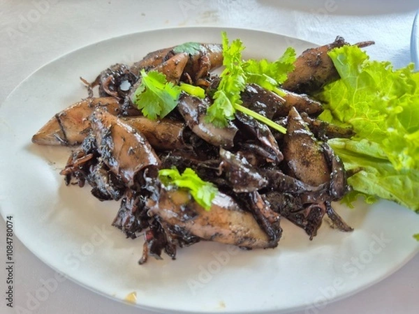 Fototapeta Deep fried sun-dried squid with special sauce serving on the plate. Famous seafood menu in Asian restaurant. 