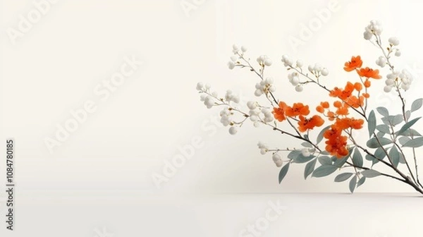 Obraz A serene arrangement of delicate flowers in white and orange hues against a minimalist background, creating a calming aesthetic.