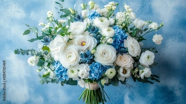 Fototapeta Blue and white bouquet of fresh flowers arranged beautifully on a clean white background, showcasing soft petals and an elegant, tranquil design. Perfect for themes of love, nature, and serenity.