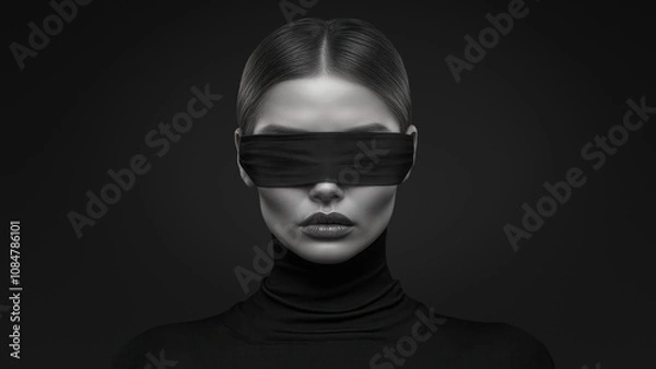 Fototapeta A black and white portrait of a fashion model wearing a blindfold and a black turtleneck sweater. Backlit background. Fashionista. Minimalist composition. Dark and mysterious. Sleek hairstyle.