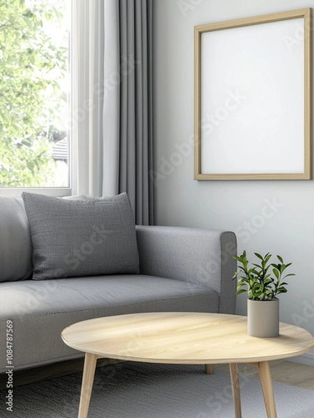 Obraz Frame mockup, Scandinavian style living room featuring gray sofa, round wooden table, and potted plant, creating calm and inviting atmosphere