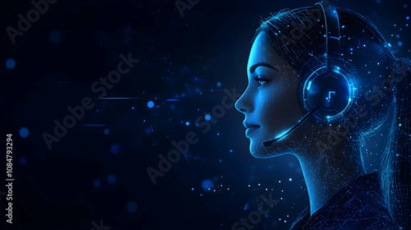 Fototapeta Digital Woman with Headset: Abstract 3D Illustration of AI Customer Service Agent, Glowing in Blue Neon Lights against a Dark Background