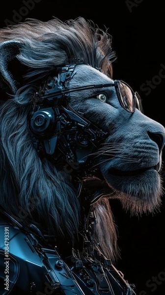 Fototapeta Futuristic Robotic Lion with High-Tech Features and Glasses, Merging Nature with Advanced Technology in a Dark Environment