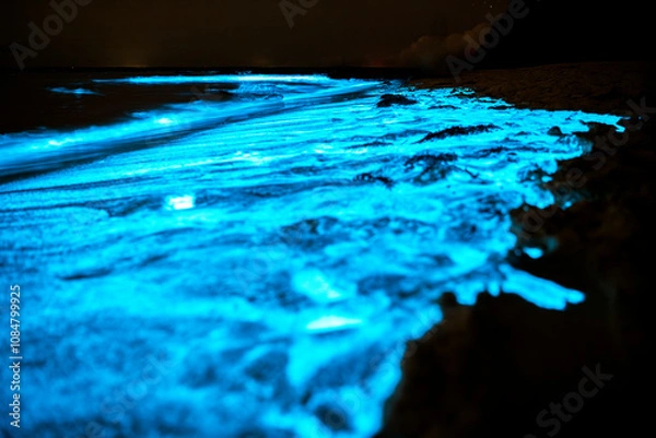Fototapeta A captivating close-up of bioluminescent waves illuminating the shoreline in a serene glow, creating a magical nighttime scene.