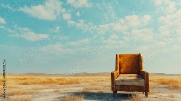 Fototapeta An isolated, worn armchair sits in a vast, dry landscape under a blue sky with clouds.