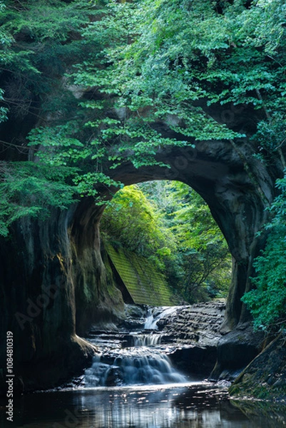 Obraz 春の濃溝の滝、亀岩の洞窟