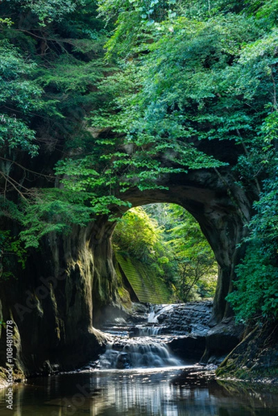 Obraz 春の濃溝の滝、亀岩の洞窟