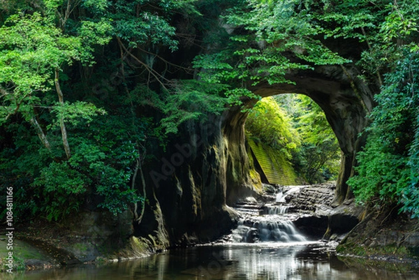 Obraz 春の濃溝の滝、亀岩の洞窟