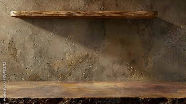 Fototapeta Rustic Wooden Shelf Against a Textured Wall with a Sunlit Wooden Countertop Display, Showing a Rustic and Vintage Aesthetic.