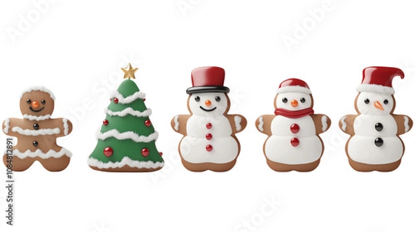 Fototapeta Festive Gingerbread Cookies Featuring a Gingerbread Man, Christmas Tree, and Snowmen isolated on transparent background	
