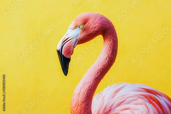 Fototapeta A close-up of a pink flamingo against a vibrant yellow background.