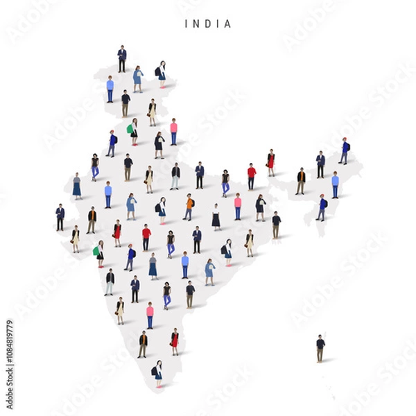 Obraz India population map. Large group of realistic a diverse crowd of people figures in a shape of Indian map. Flat vector illustration isolated on white.