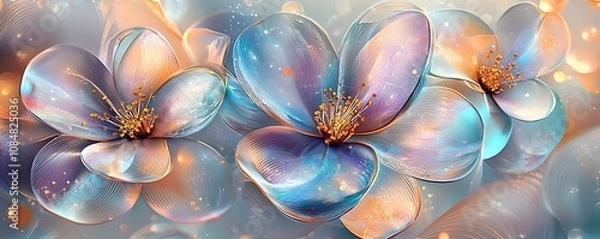 Obraz Photo wallpaper for the interior with flowers made of glass, an AI-generated abstraction for mural wall art decor.