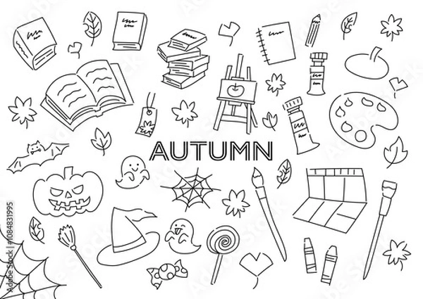 Fototapeta 秋のものを集めた手描きイラストセット	

