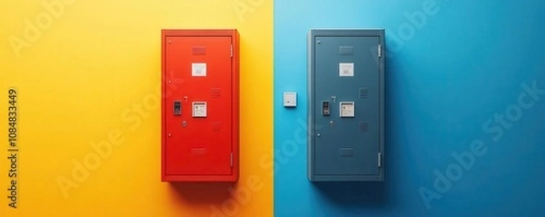 Fototapeta Two contrasting lockers stand against vibrant yellow and blue backgrounds, showcasing bold colors and modern design.