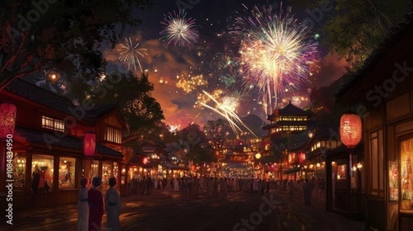Fototapeta Vibrant Fireworks Display at Japanese Festival with Animated Village Rooftops and Lanterns