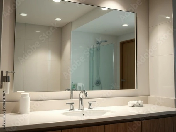 Obraz A clean bathroom with a large mirror reflecting the shining faucet and tidy surroundings, organized, reflection