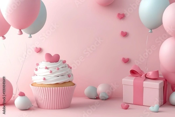 Fototapeta 3D banner template designed with cupcakes, balloons and gift boxes. Pink background.