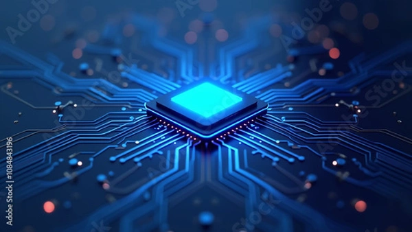 Obraz Glowing Purple AI Chip on Blue Circuit Board, Symbolizing Advanced Artificial Intelligence Technology.