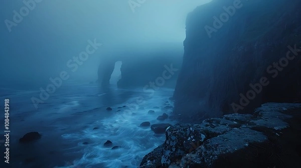 Fototapeta A serene coastal scene shrouded in fog, featuring a rocky arch and gentle waves.