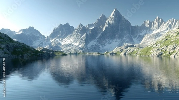 Fototapeta A rugged mountain range with sharp, jagged peaks and a pristine lake below, photographed in hyperrealistic style. Cinematic Scene, 4k resolution, cinematic scene