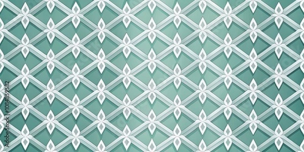 Fototapeta Seamless Teal and White Geometric Pattern with Interlocking Diamond and Floral Motifs