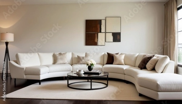 Fototapeta a modern living room with a cozy, curved white sofa, complemented by elegant decor and a serene atmosphere