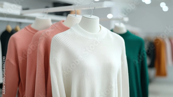 Fototapeta Fashion display of cozy knitwear in modern retail store showcasing stylish apparel in bright environment