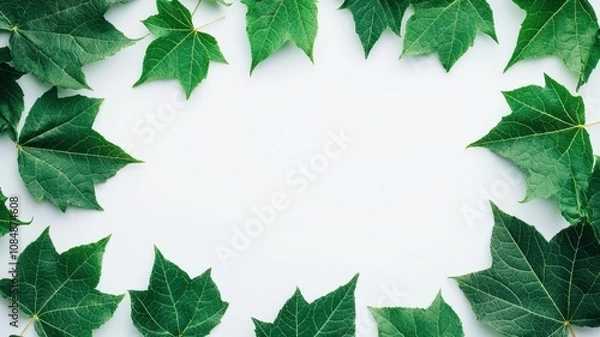 Fototapeta A circular arrangement of vibrant green ivy leaves on a light background, creating a fresh and natural frame for any content.