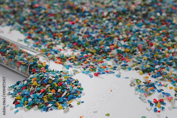 Fototapeta Hands hold clear white plastic pellets, raw materials for various manufacturing processes. These pellets are widely used in industries to produce products like packaging, bottles, and equipment parts.