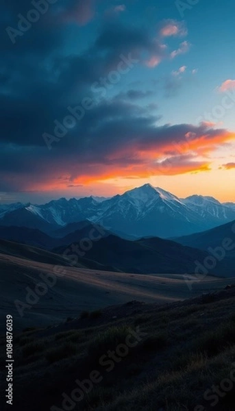 Fototapeta mountains with a sunset in the distance