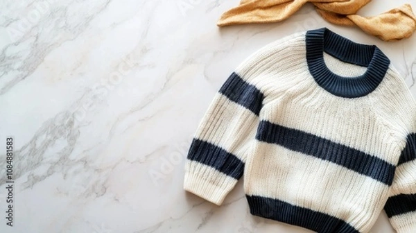 Obraz Showcasing striped pullover sweater smooth marble background fashion product photography elegant environment top view stylish concept
