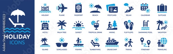 Fototapeta Holiday icon set. Containing vacation, plane, passport, hotel, palm tree, travel, beach, sunset, island and more. Solid vector icons collection.