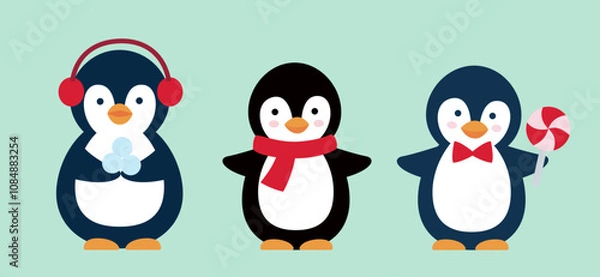 Obraz Set of cute Christmas penguins vector illustration.
flat style christmas penguin element.