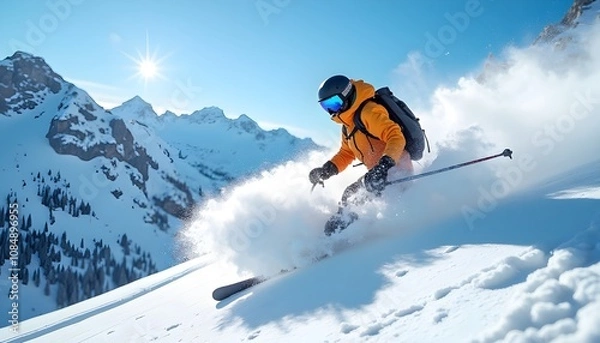 Fototapeta a skier descending a steep slope in the untouched backcountry