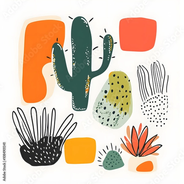 Fototapeta modern 2D doodle cartoon flower concept with open space for text, featuring whimsical floral and leafy elements on crisp white backgrounds.