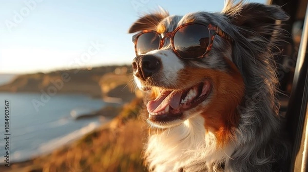 Fototapeta A Joyful Dog Enjoying a Scenic Coastal Ride with Sunglasses, Capturing the Essence of Freedom and Adventure on a Sunny Day by the Ocean