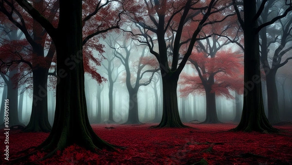 Fototapeta Spooky mystery in the wet dark forest of autumn