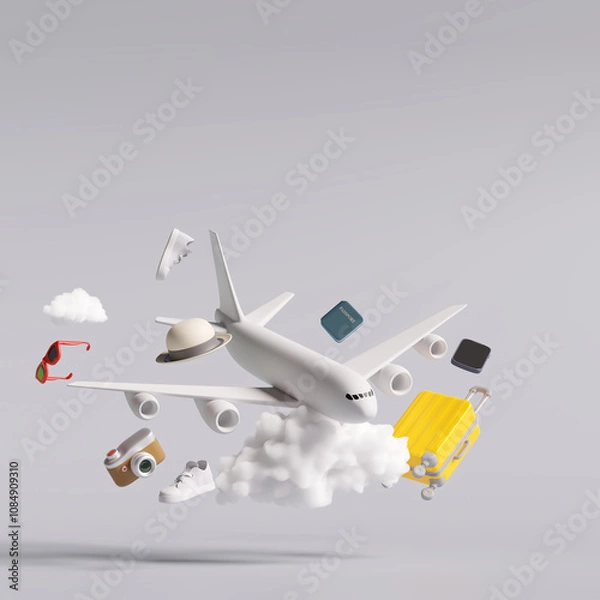 Fototapeta Travel elements on white background. Travel concept. 3d rendering