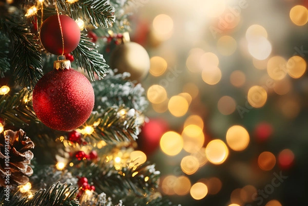 Obraz Elegant Christmas Decorations with Festive Ornaments, Sparkling Lights, Red and Gold Accents, and Cozy Holiday Charm for a Winter Wonderland Setting